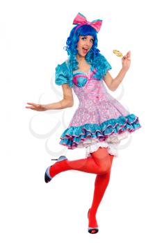 Playful young woman with blue hair. Isolated