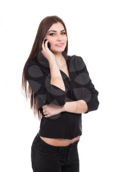Portrait of beautiful brunette talking on the phone. Isolated on white