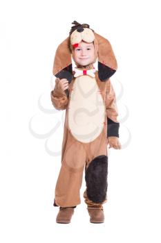Beautiful little boy posing in a dog costume. Isolated on white