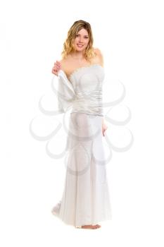 Seductive young blond woman posing in white wedding dress. Isolated