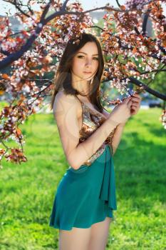 Attractive young woman wearing frank dress posing in the garden