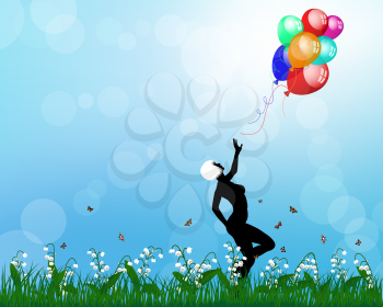 Lady playing with balloons. EPS 10 vector illustration with transparency and mesh.