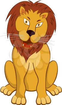 Funny Cartoon Character Lion With Growl Opened Mouth Sitting on a Floor Over White Background. Hand Drawn in Front View Elegant Cute Design. Vector illustration. 