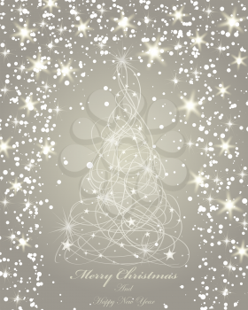 Elegant Christmas greeting card with snowflakes and fir tree on it. Sepia background with copy space.  Also suitable for New Year design.  Vector Illustration.