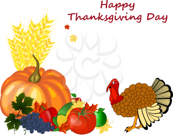 Thanksgiving day greeting card. Design consist from pumpkin, pepper, tomato, apple, grape, corn, maple leaves and turkey  on white background.  Very cute and warm colors. Vector illustration.