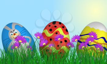 Easter eggs on springtime meadow with blue sky. Vector illustration.