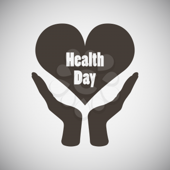 Health day emblem with two hand holding heart on grey background. Vector illustration.