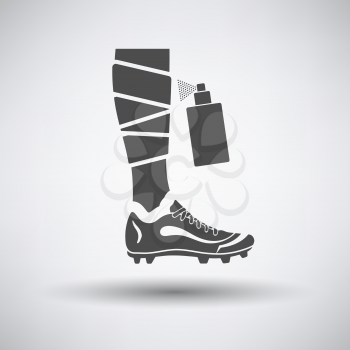 Soccer bandaged leg with aerosol anesthetic icon on gray background with round shadow. Vector illustration.