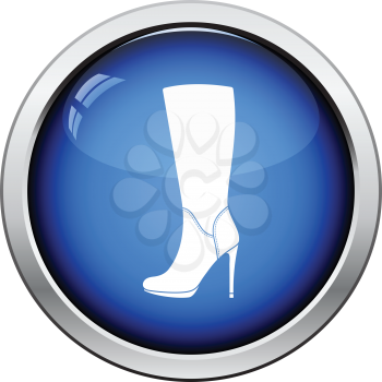 Autumn woman high heel boot icon. Glossy button design. Vector illustration.