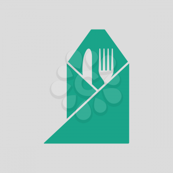 Fork and knife wrapped napkin icon. Gray background with green. Vector illustration.
