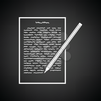 Sheet with text and pencil icon. Black background with white. Vector illustration.