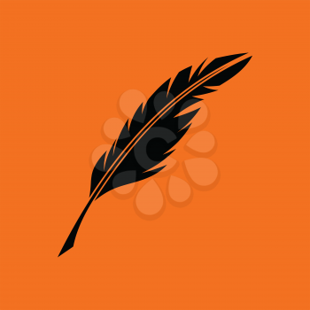 Writing feather icon. Orange background with black. Vector illustration.