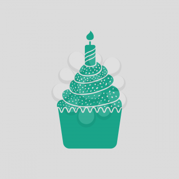 First birthday cake icon. Gray background with green. Vector illustration.