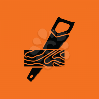 Handsaw cutting a plank icon. Orange background with black. Vector illustration.