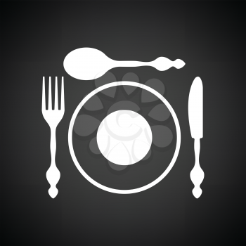 Silverware and plate icon . Black background with white. Vector illustration.