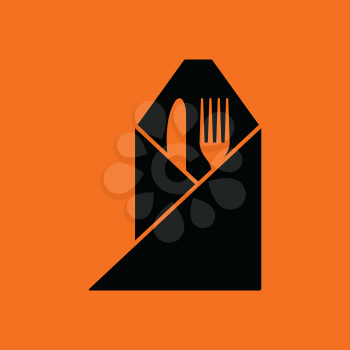 Fork and knife wrapped napkin icon. Orange background with black. Vector illustration.