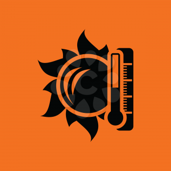 Sun and thermometer with high temperature icon. Orange background with black. Vector illustration.