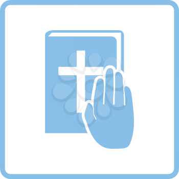 Hand on Bible icon. Blue frame design. Vector illustration.