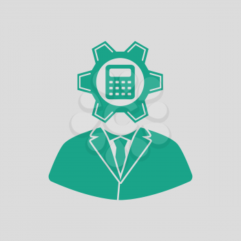 Analyst with gear hed and calculator inside icon. Gray background with green. Vector illustration.