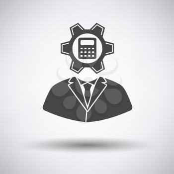 Analyst with gear hed and calculator inside icon on gray background, round shadow. Vector illustration.