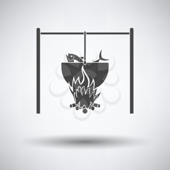 Icon of fire and fishing pot on gray background, round shadow. Vector illustration.