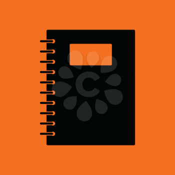Exercise book with pen icon. Orange background with black. Vector illustration.