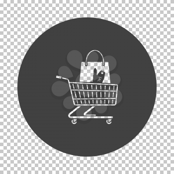 Shopping Cart With Bag Of Cosmetics Icon. Subtract Stencil Design on Tranparency Grid. Vector Illustration.