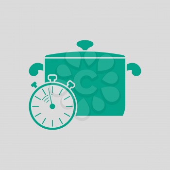 Pan With Stopwatch Icon. Green on Gray Background. Vector Illustration.