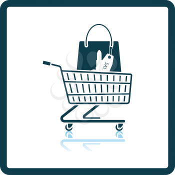 Shopping Cart With Bag Of Cosmetics Icon. Square Shadow Reflection Design. Vector Illustration.