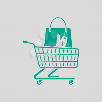 Shopping Cart With Bag Of Cosmetics Icon. Green on Gray Background. Vector Illustration.