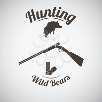 Hunting Vintage Emblem. Opened Hunting Gun With Ammo and Wild Boar Silhouette. Dark Brown Retro Style.  Vector Illustration. 