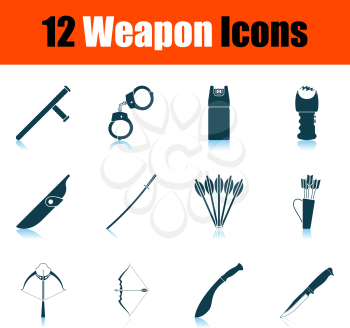 Set of 12 icons on Weapon theme. Blue Shadow Reflection Design. Fully editable vector illustration. Text expanded.