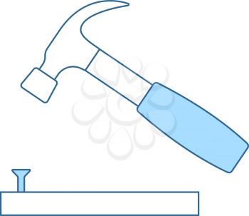 Icon Of Hammer Beat To Nail. Thin Line With Blue Fill Design. Vector Illustration.