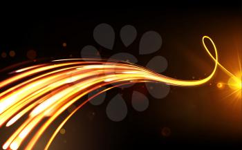 Vector illustration of dark abstract background with blurred orangr magic neon light curved lines 