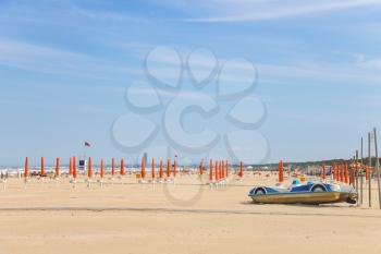CERVIA, ITALY - MAY 05, 2014: Spring beach. Preparing for the season. Cervia is one of the most popular resorts of the Adriatic coast of Italy