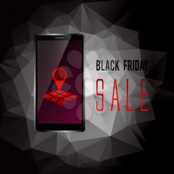 Black Friday sale promo text with mobile device and geo tag symbol on screen advertising vector illustration