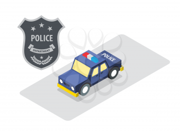 Police badge with police car in isometric view security protection concept vector illustration. 