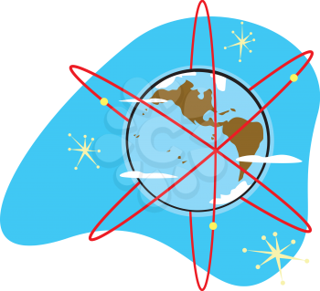 Royalty Free Clipart Image of a Styled Radioactive Earth With Satellites