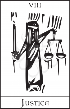 Woodcut expressionist style Tarot Major Arcana image of Justice