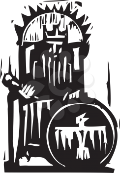 Woodcut expressionist style image of a king on a throne