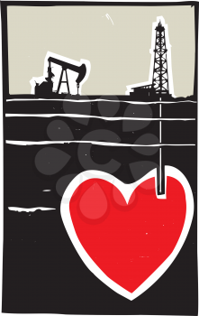 Woodcut style image Oil well drilling down into the earth and into a Heart.