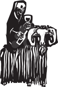 Woodcut style expressionist image of death drinking wine and riding on a goat.