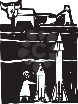 Woodcut style image of missiles being set up beneath a farm field