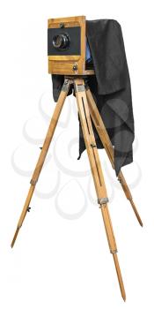old wooden camera on a tripod isolated on white background