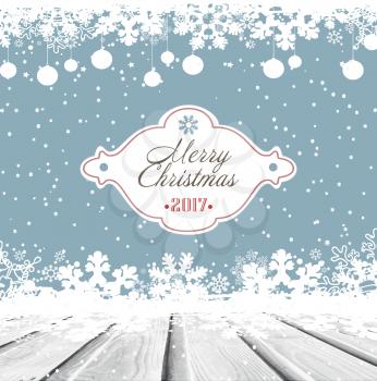 Winter Holiday Christmas And New Year Grunge Background With Wooden Floor, Snowflakes And Christmas Balls