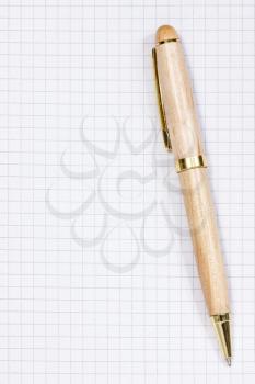 Wooden pen on the white squared paper sheet