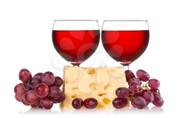 Grapes, cheese and red wine on a white background