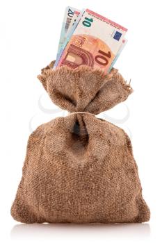 Bag of money with euro currency. Isolated on white 