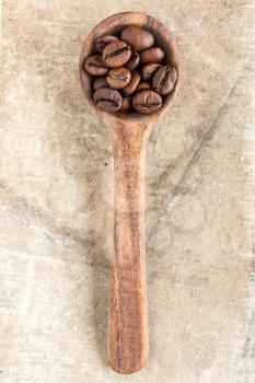 Spoon with coffee crop beans on canvas background