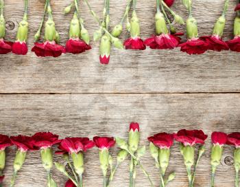 Frame from carnations on wooden background with copy-space